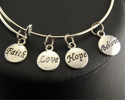 Inspirational Letters FAITH LOVE HOPE BELIEVE Round Charm Bracelet
